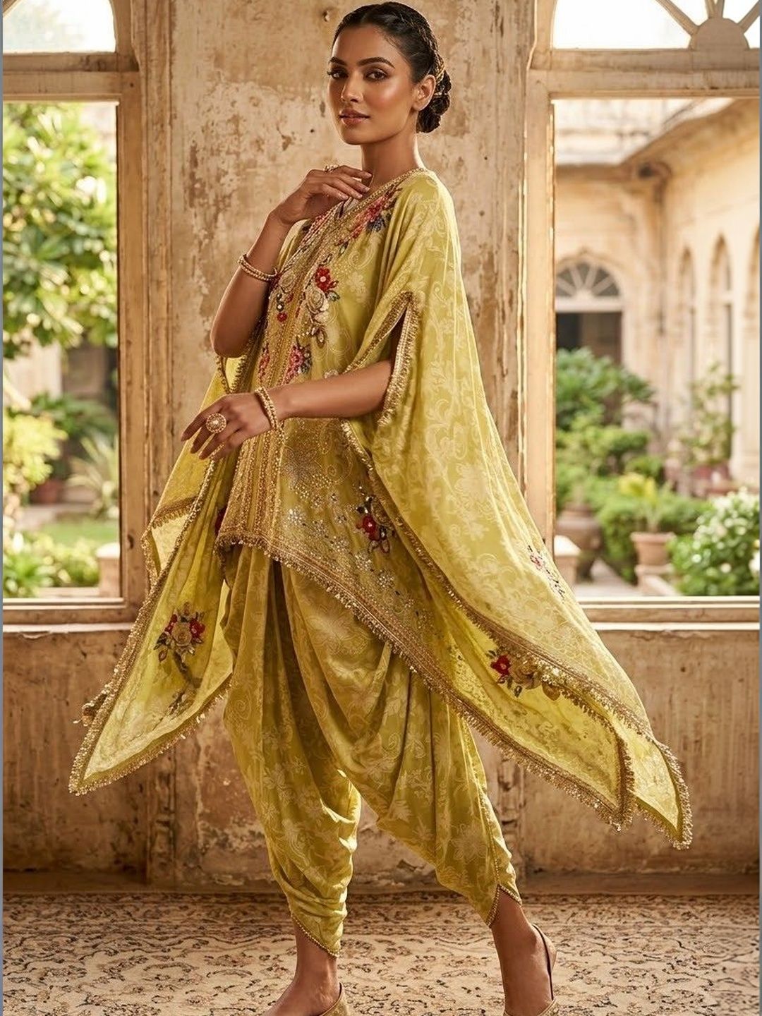 PIRRA DESIGNS Women Floral Printed Layered Gotta Patti Silk Crepe Top with Dhoti Pants-picture-14