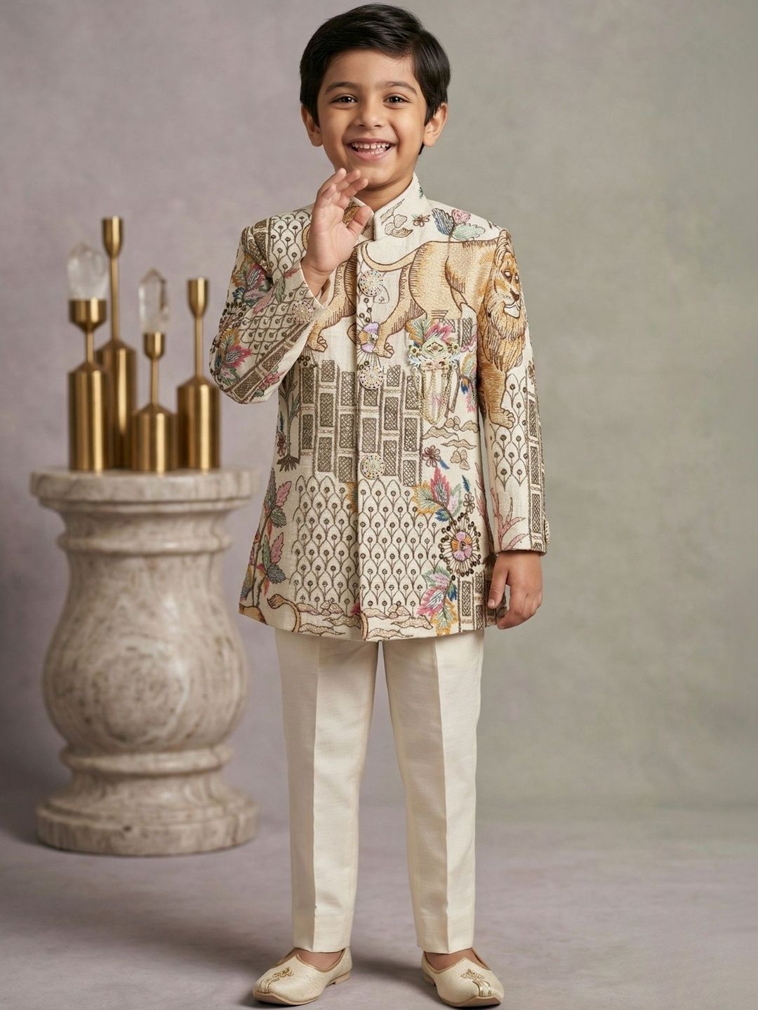 Lagorii Boys Embroiderded Linen Mandarin Collar Tailored Fit 2-Piece Suit-picture-20