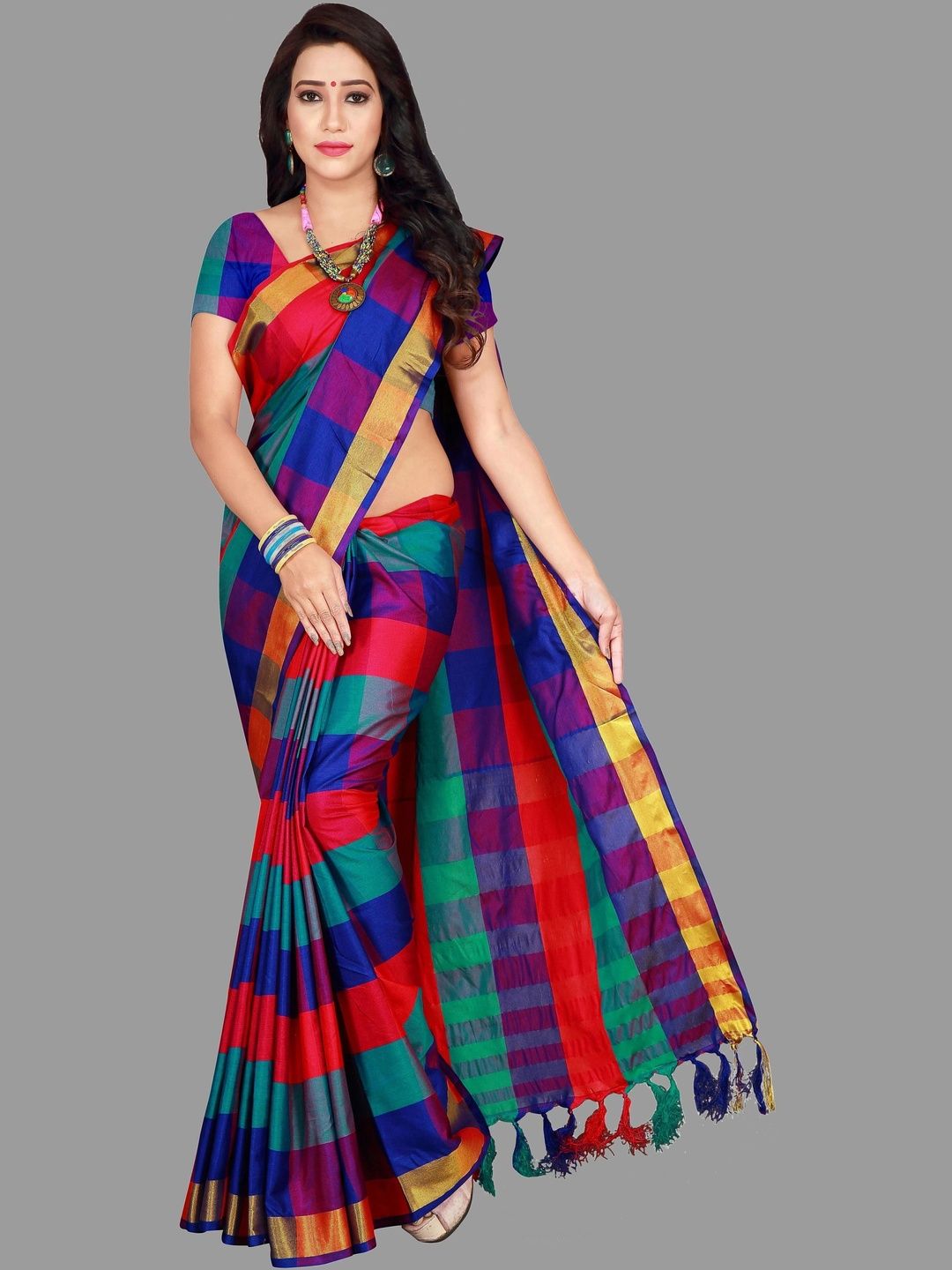 PRIYANSH CREATION Checked Silk Cotton Saree-picture-3