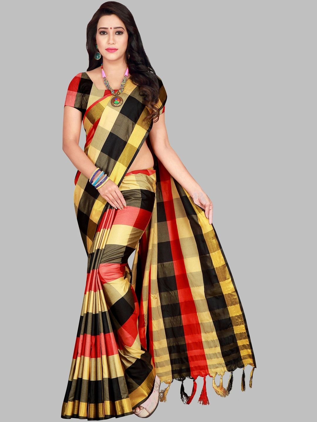 PRIYANSH CREATION Checked Silk Cotton Saree-picture-19