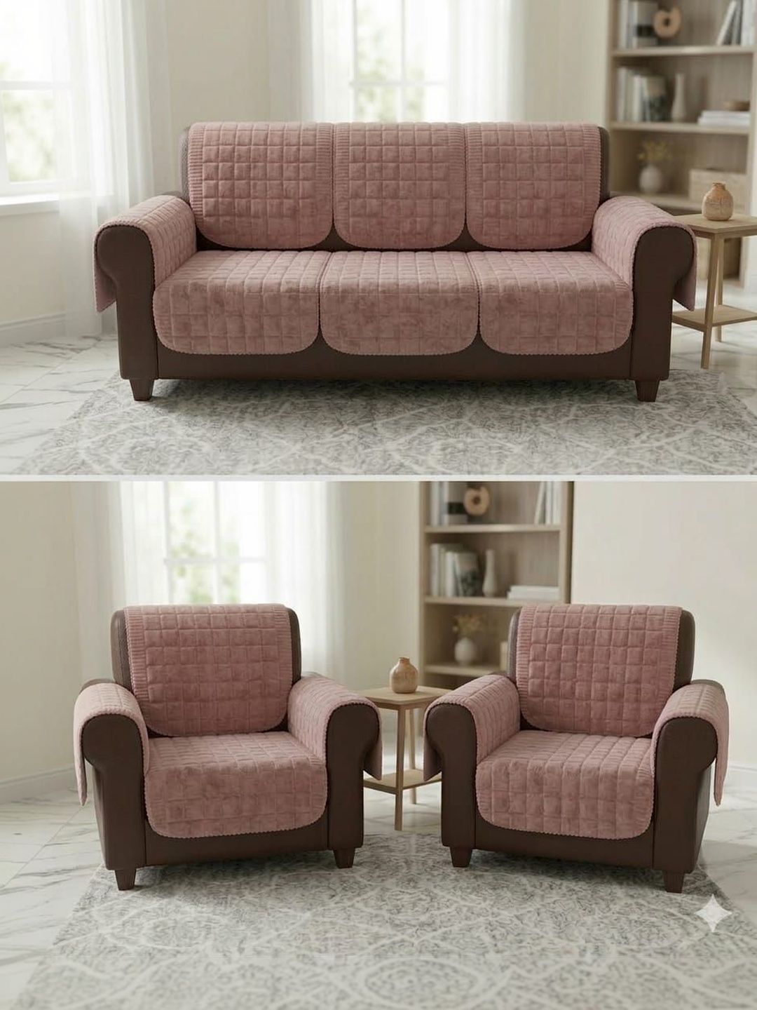 RAINBOW FURNISHINGS Pink Checked Polyester Blend Sofa Cover With Arms-picture-56