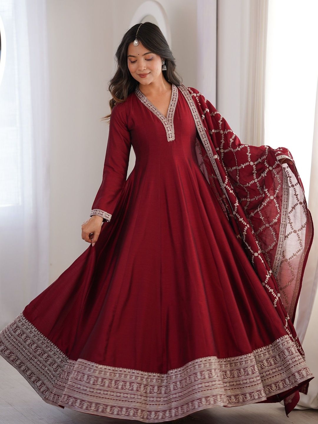 Sangria Embroidered V-Neck Fit and Flare Ethnic Dresses-picture-10