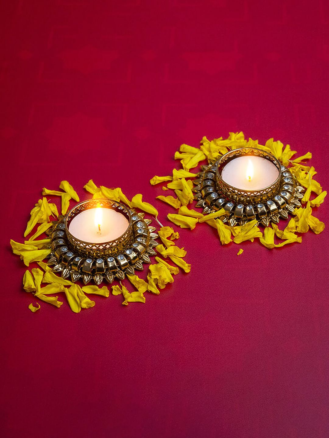 The Gift Studio Gold Toned & White 2 Pieces Textured Tealight Candle Holders-picture-44