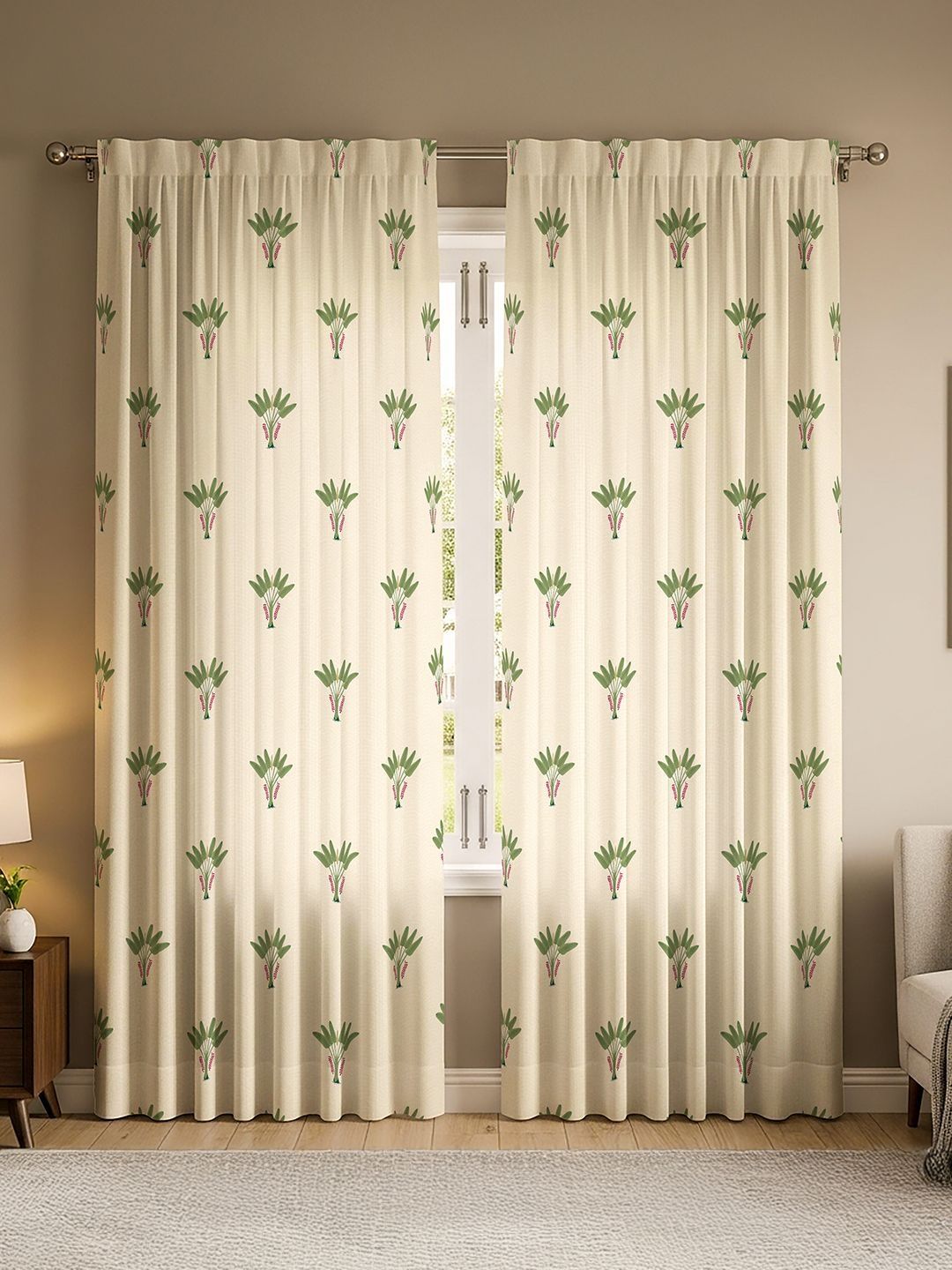 URBAN SPACE Green & Off White Set of 2 Floral Window Curtain-image-40