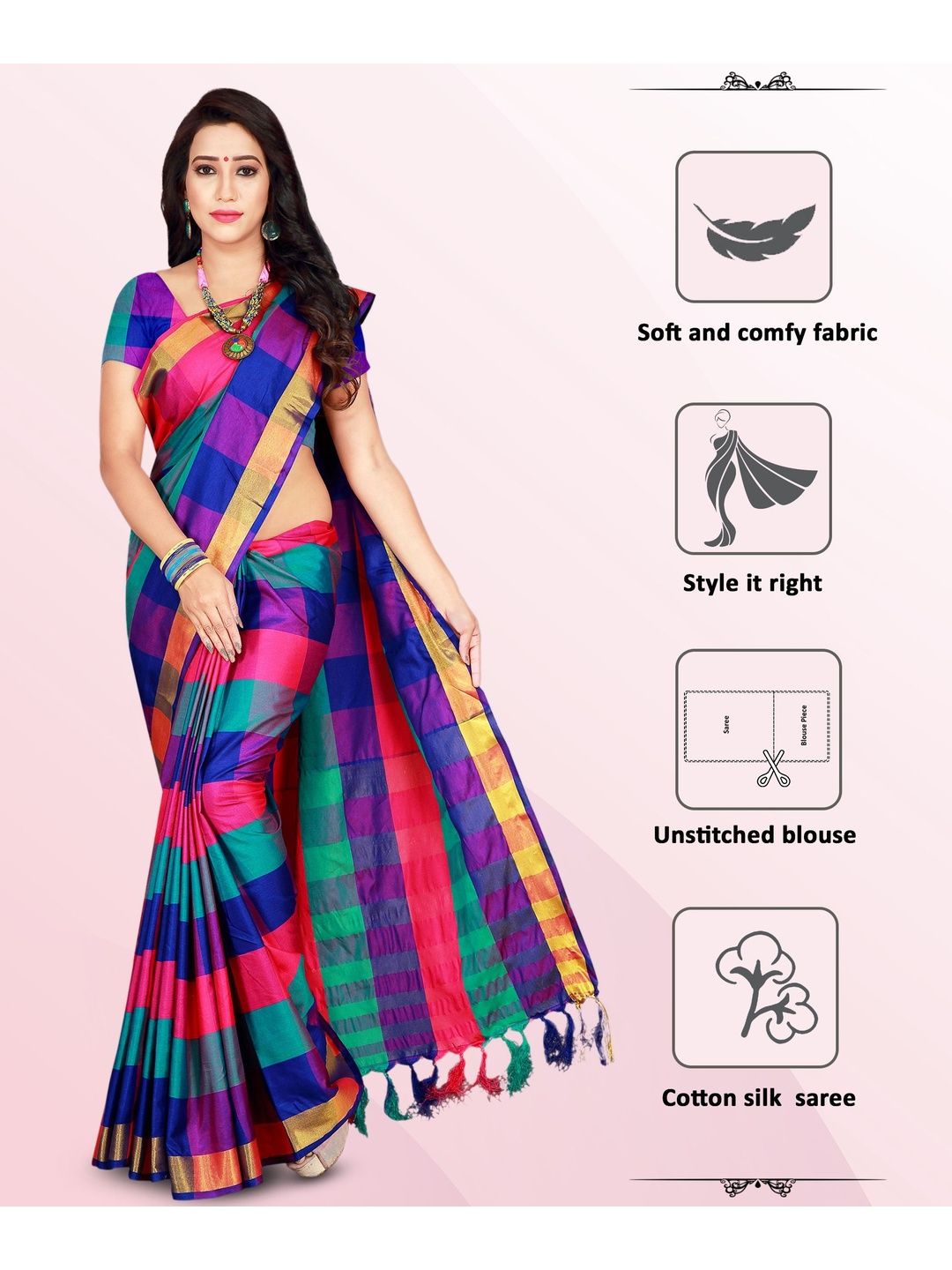 PRIYANSH CREATION Checked Silk Cotton Saree-picture-4
