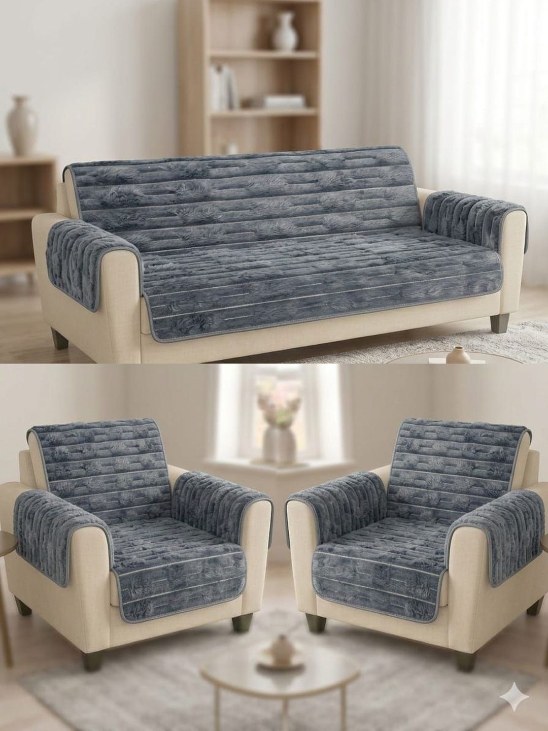 RAINBOW FURNISHINGS Grey Striped Polyester Blend Sofa Cover With Arms-picture-53
