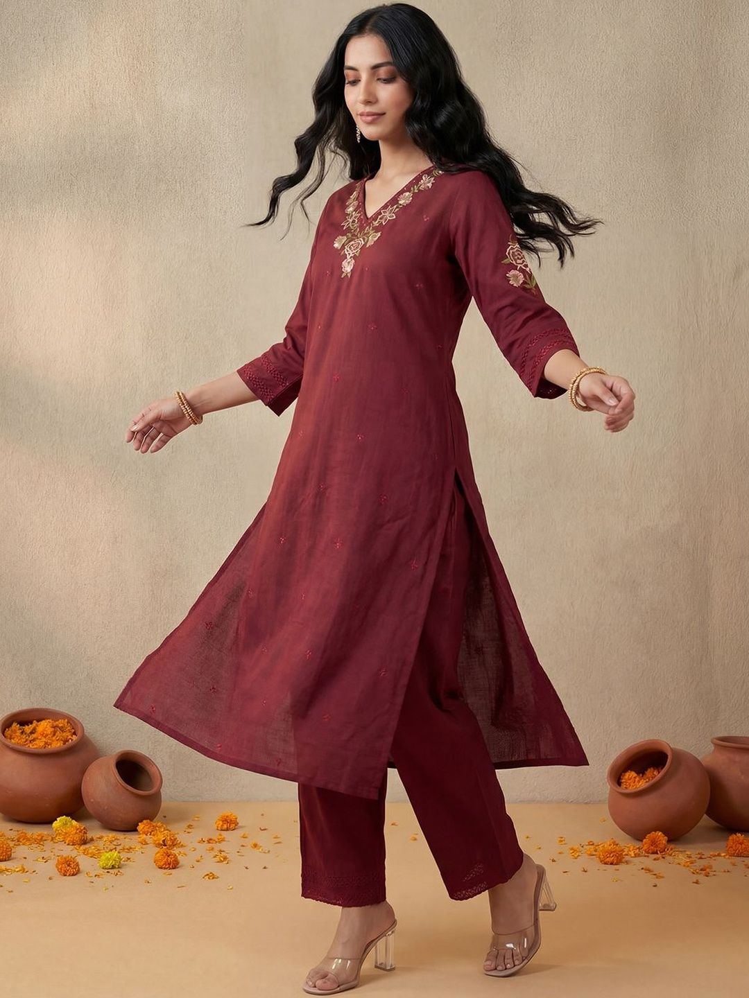 Indo Era Women Ethnic Motifs Embroidered Regular Thread Work Pure Cotton Kurta with Trousers-picture-32