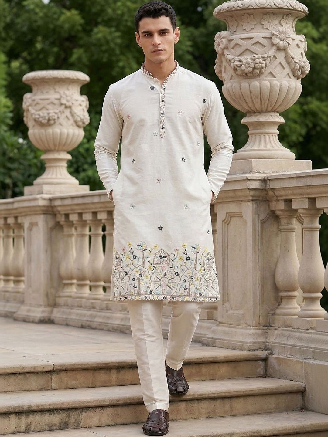 Anouk Men Floral Embroidered Mandarin Collar Straight Cotton Kurta-picture-26