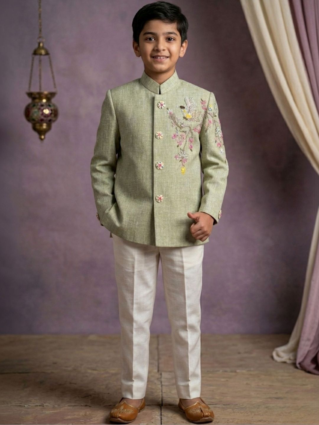 Lagorii Boys Embroiderded Linen Mandarin Collar Tailored Fit 2-Piece Suit-picture-19