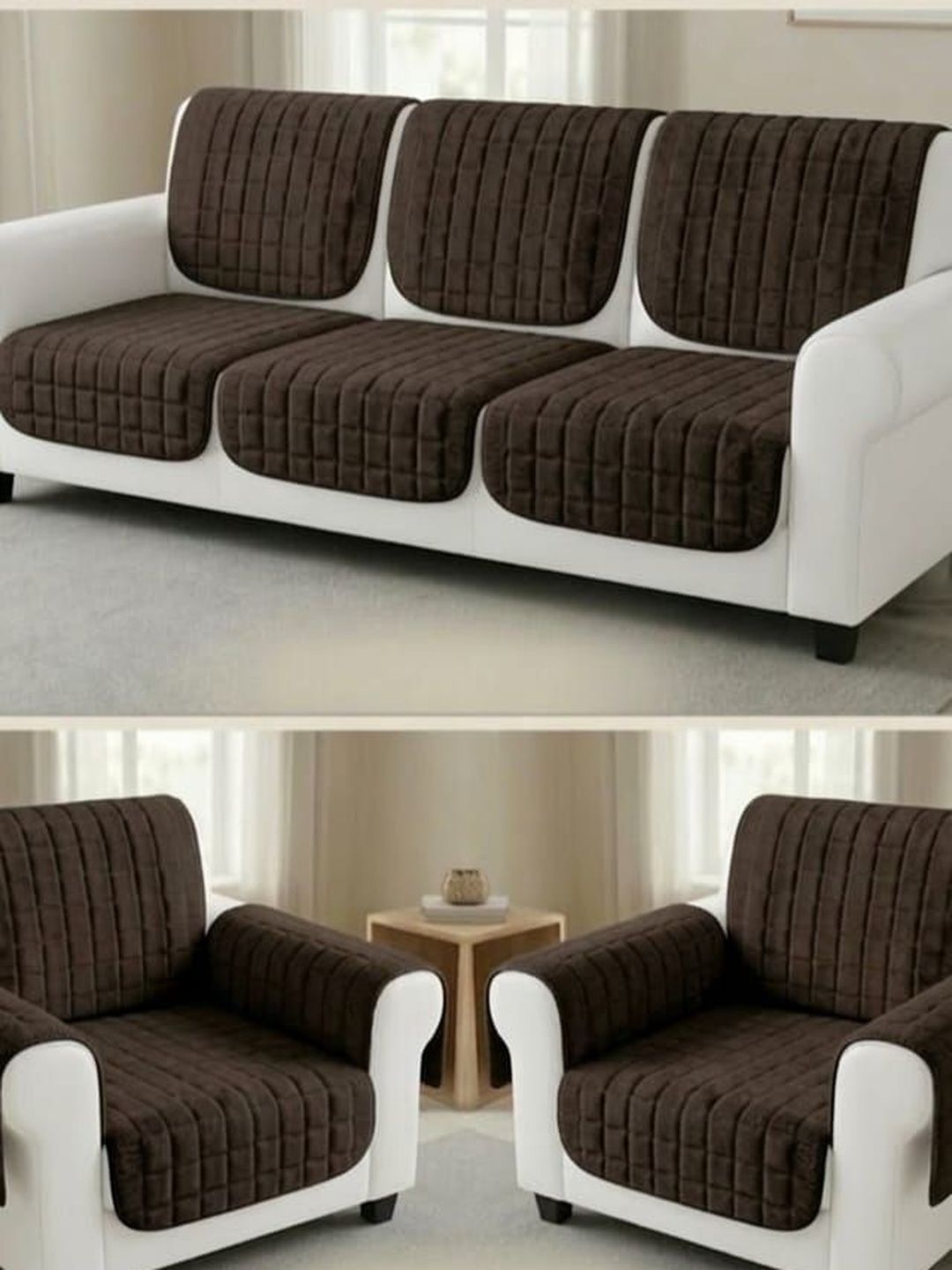 RAINBOW FURNISHINGS Coffee Brown Checked Polyester Blend Sofa Cover Without Arms-picture-36