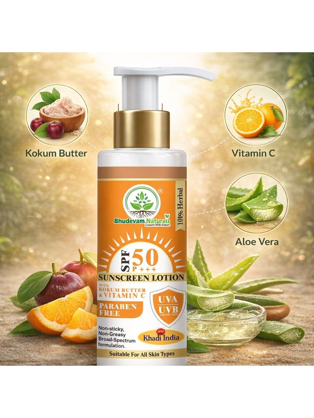 Bhudevam Naturals Non Sticky & Non Greasy SPF 50 Sunscreen Lotion - 100ml-image-32