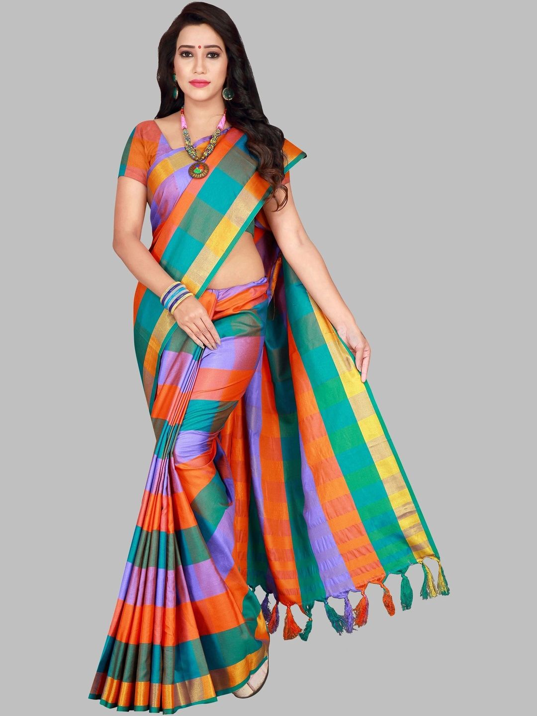 MENFLUENT Checked Silk Cotton Saree-picture-27