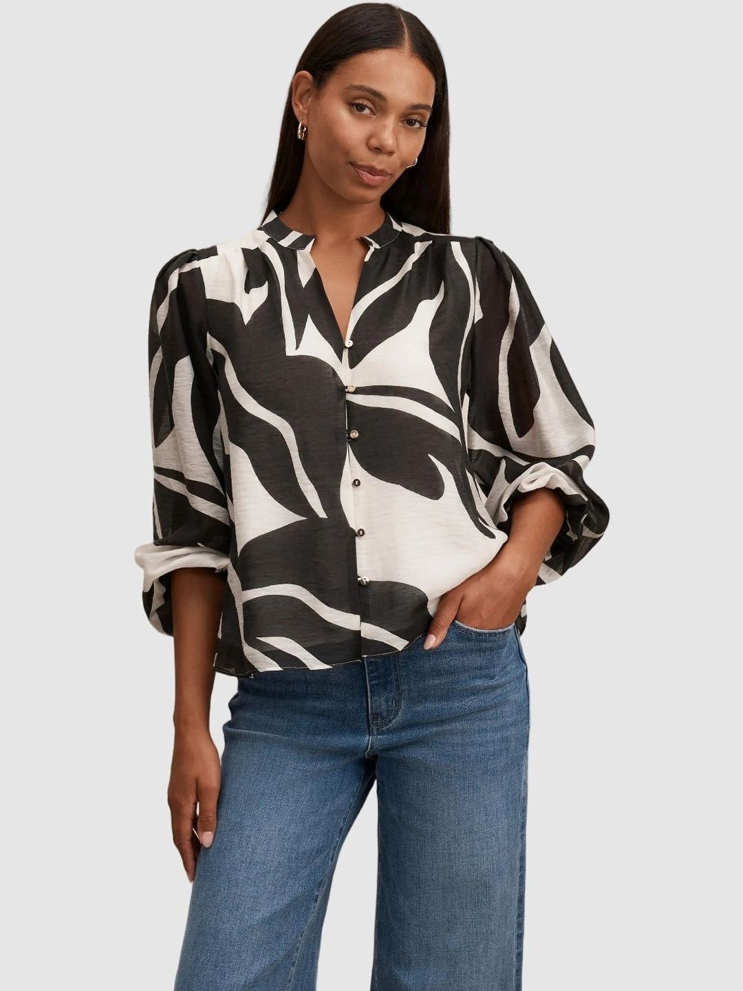 Forever New Print Mandarin Collar Puff Sleeve Shirt Style Top-image-19