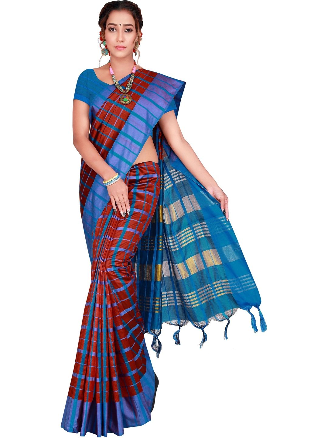 MENFLUENT Checked Silk Cotton Saree-picture-51