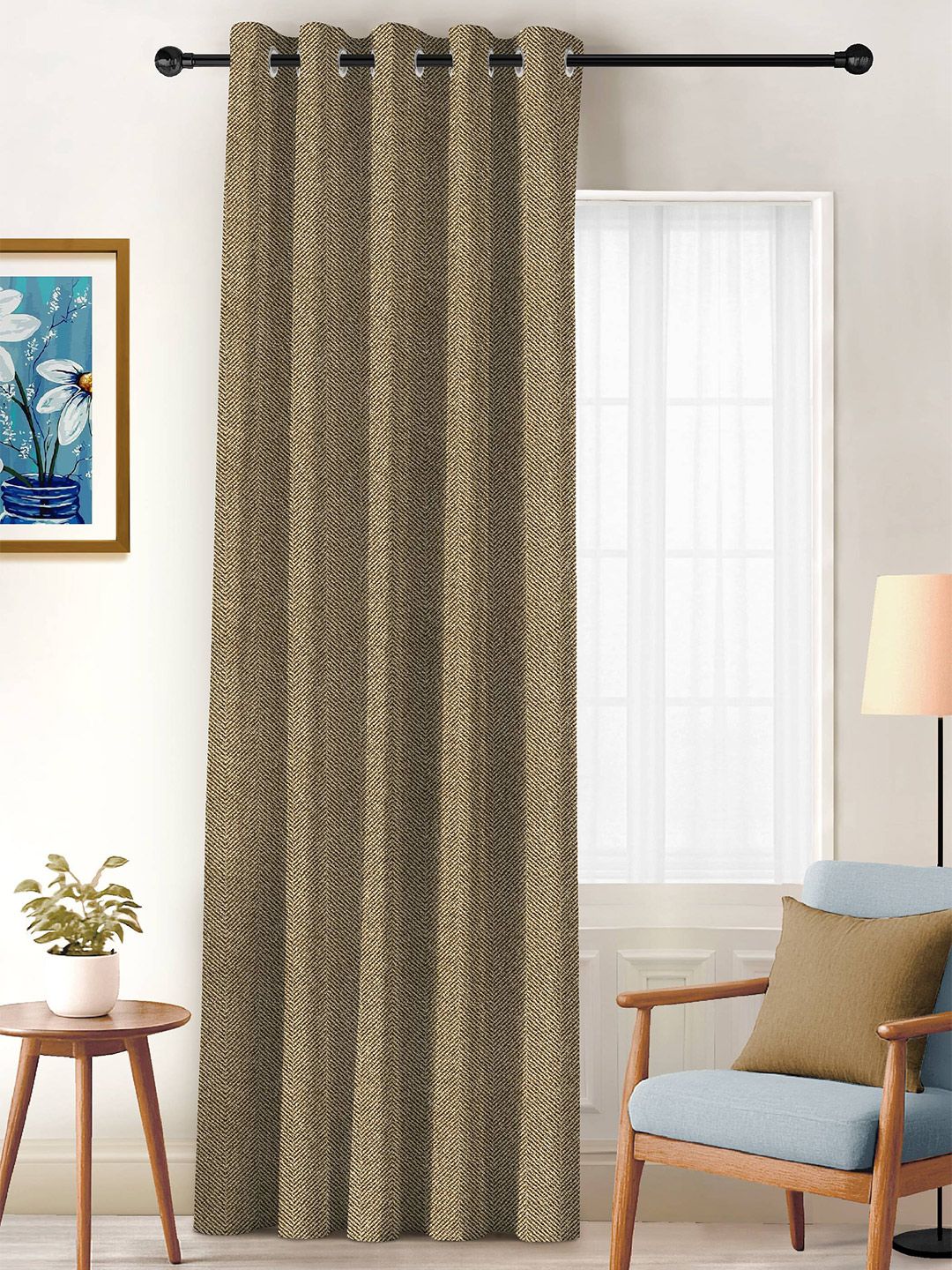 CASABLEU 2 Pieces Camel Brown Self Design Black Out Door Curtains-image-21