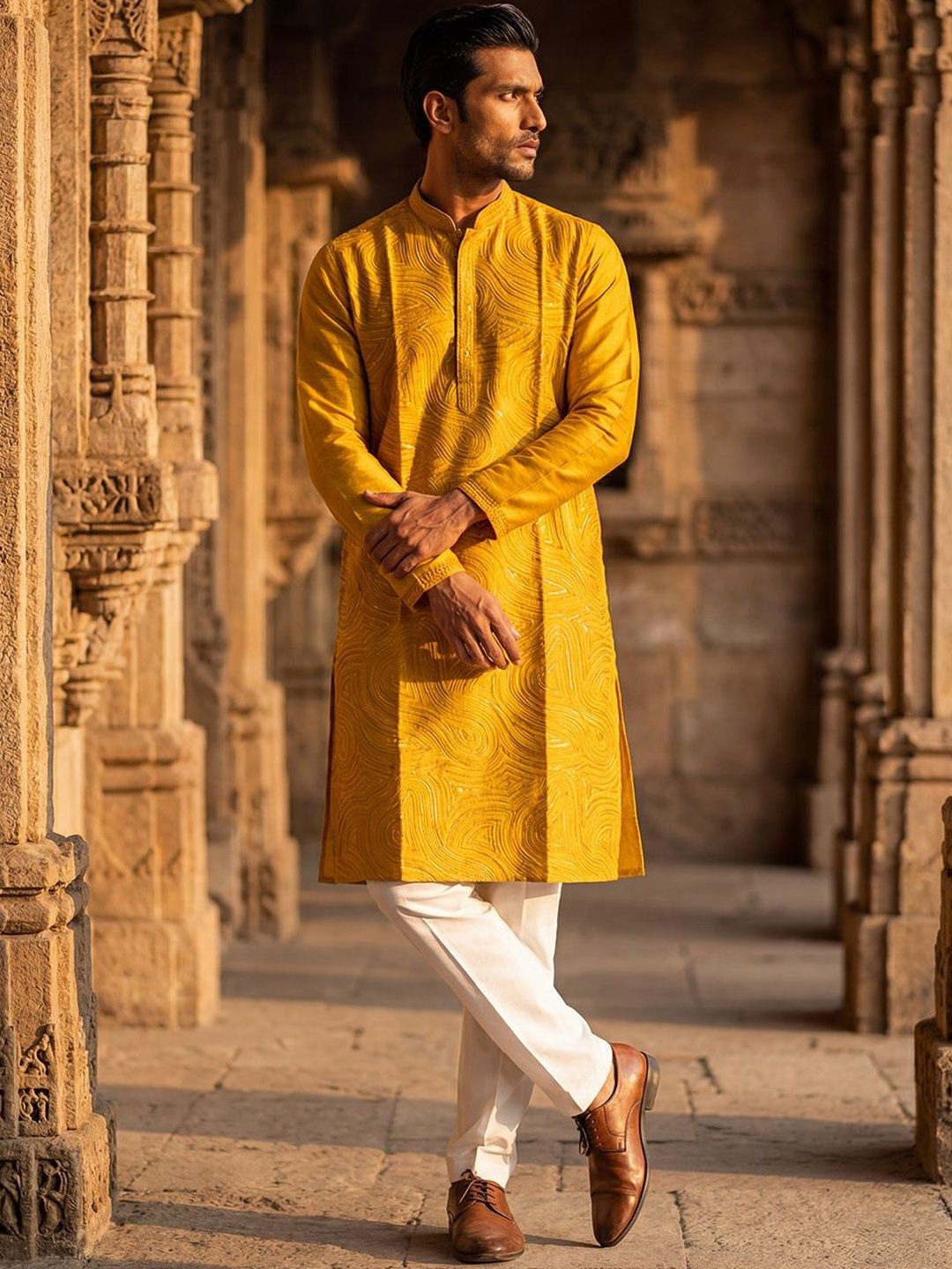 House of Pataudi Embroidered Mandarin Collar Knee Length Straight Kurta-picture-33