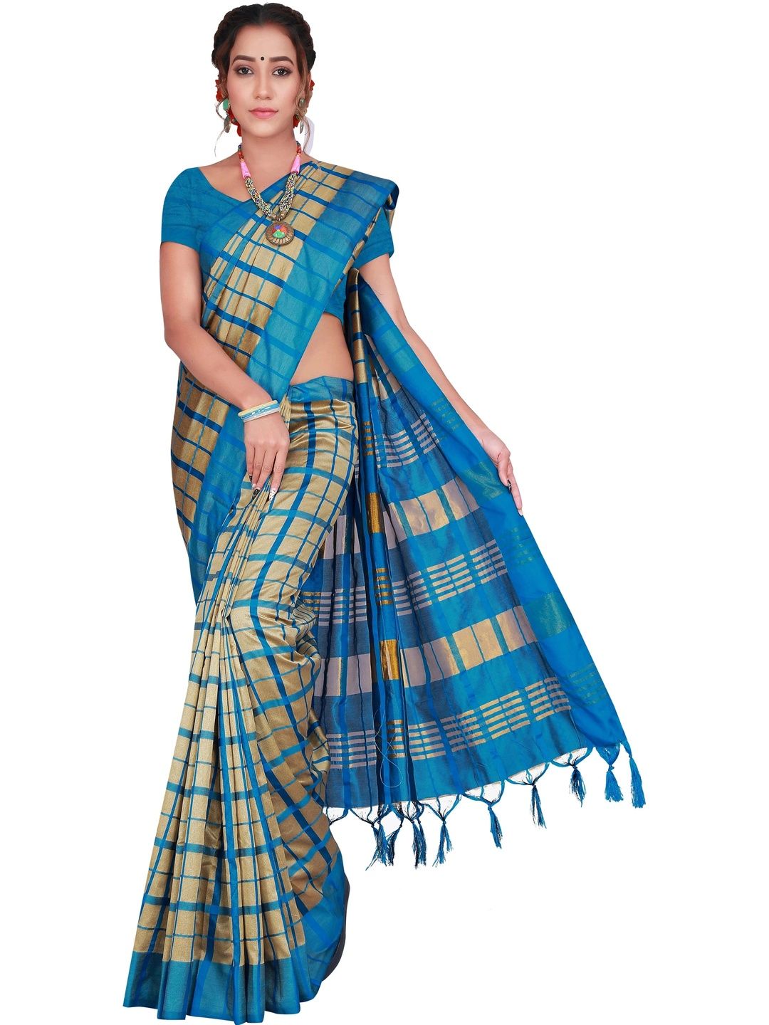 MENFLUENT Checked Silk Cotton Saree-picture-27