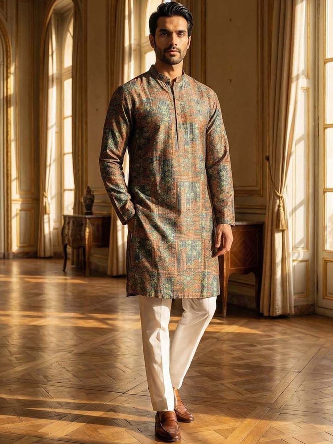 House of Pataudi Motifs Printed Mandarin Collar Knee Length Straight Kurta-picture-54