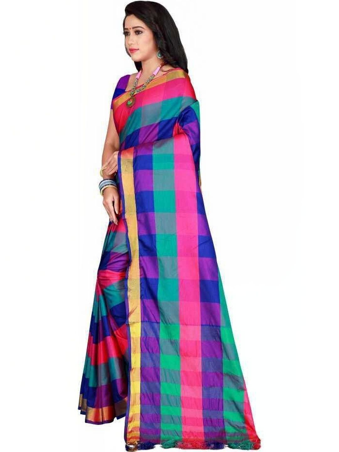 MENFLUENT Checked Silk Cotton Banarasi Saree-picture-24
