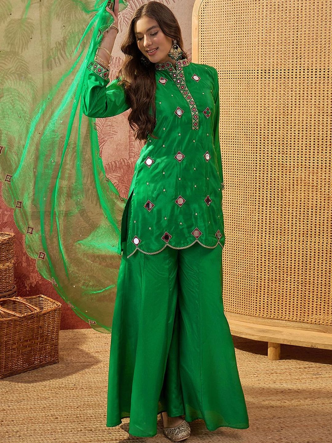 Sangria Embroidered Mandarin Collar Kurta & Palazzos With Dupatta-picture-15
