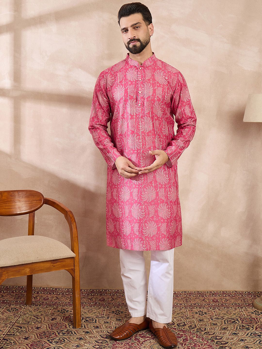 House of Pataudi Printed Mandarin Collar Knee Length Straight Kurta-picture-34