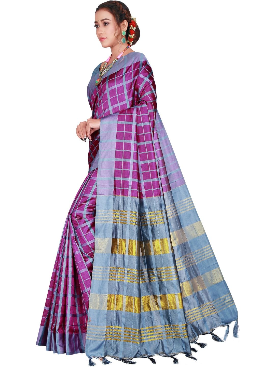 MENFLUENT Checked Silk Cotton Saree-picture-17