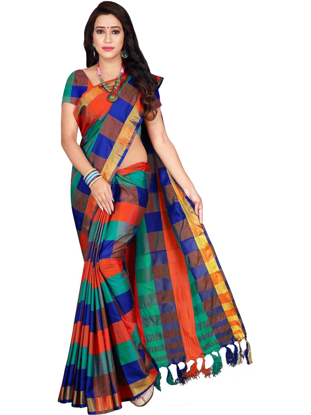 MENFLUENT Checked Silk Cotton Saree-picture-39