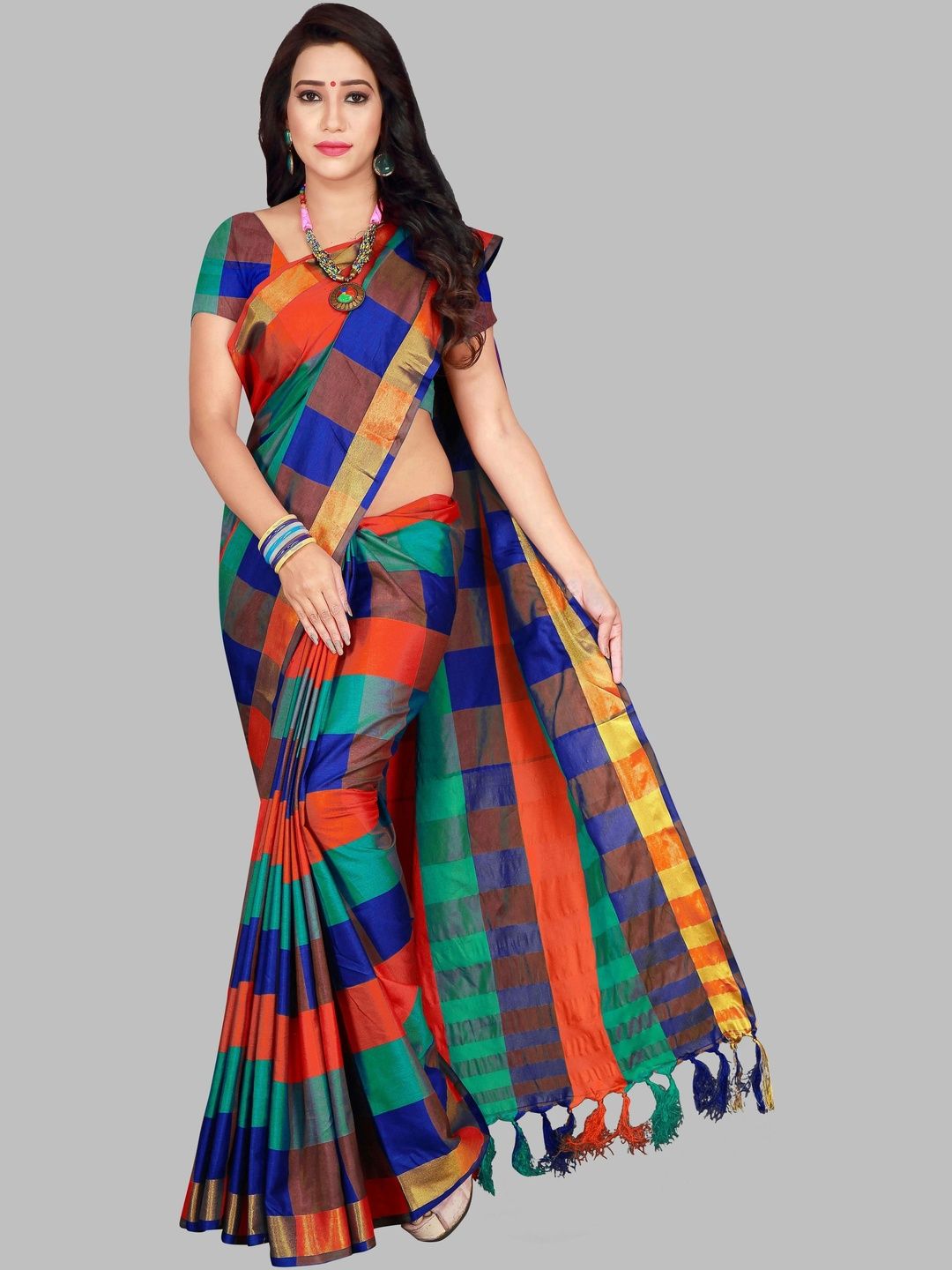 MENFLUENT Checked Silk Cotton Saree-picture-48