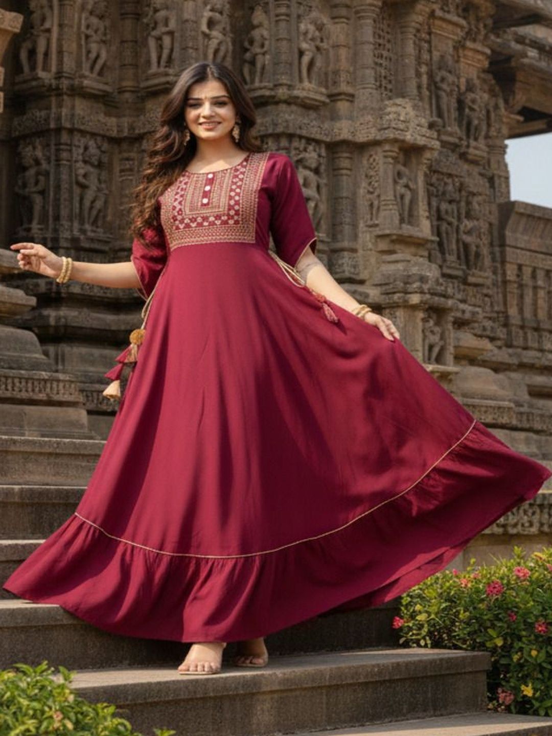 ftDiva Embroidered Round Neck Fit and Flare Ethnic Dresses-picture-4