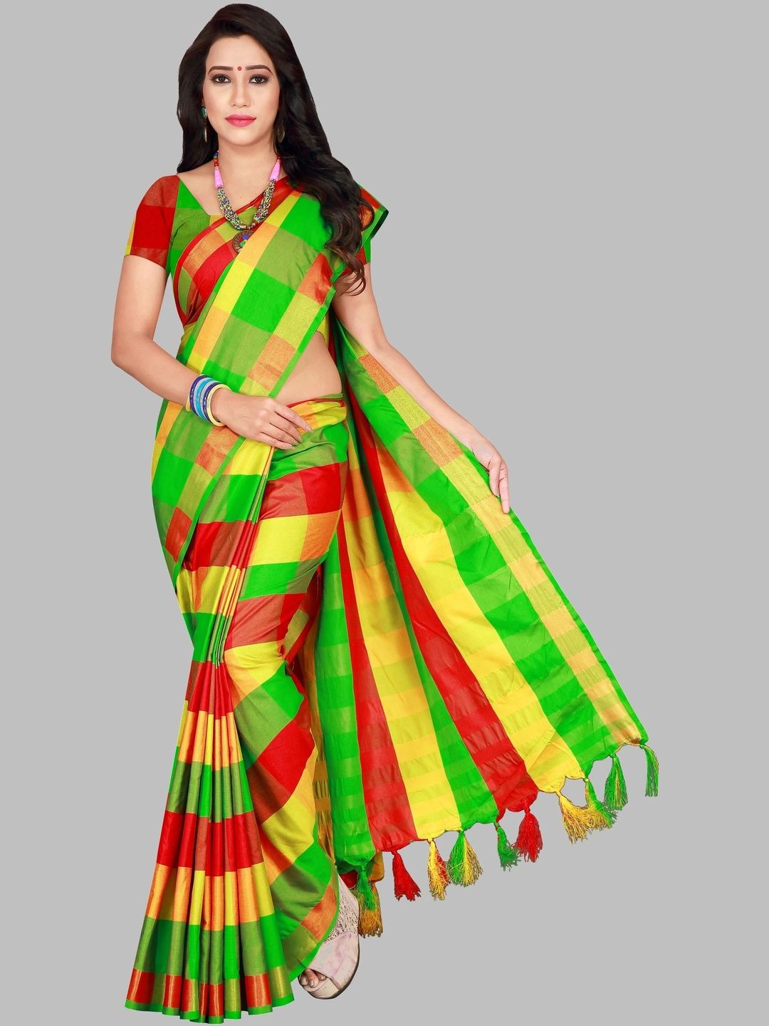 MENFLUENT Checked Silk Cotton Saree-picture-28