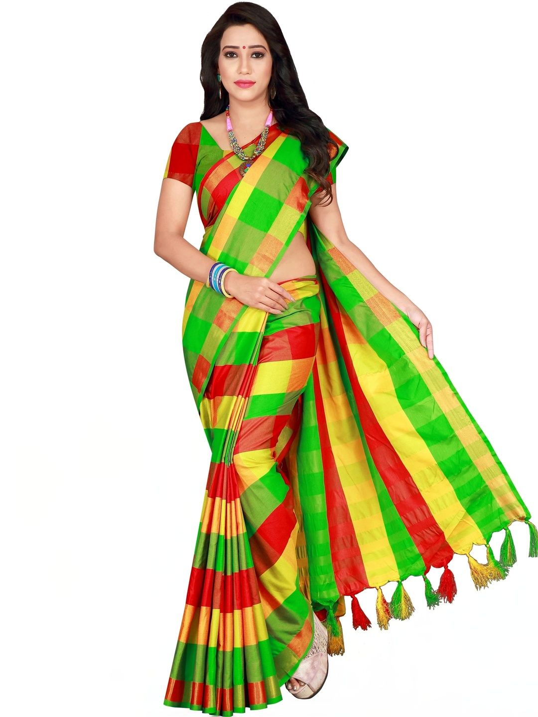 MENFLUENT Checked Silk Cotton Saree-picture-44
