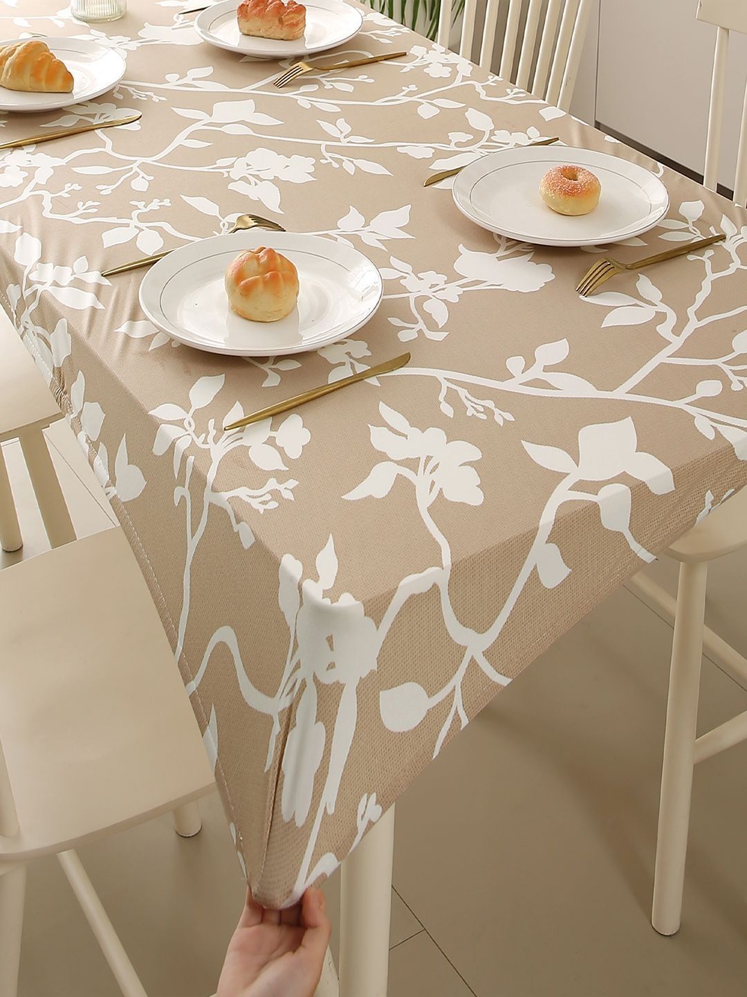 HOKIPO Buff Brown Sillehoute Floral Water-Repellent 55x31 inch 4 Seater Table Cover-picture-48