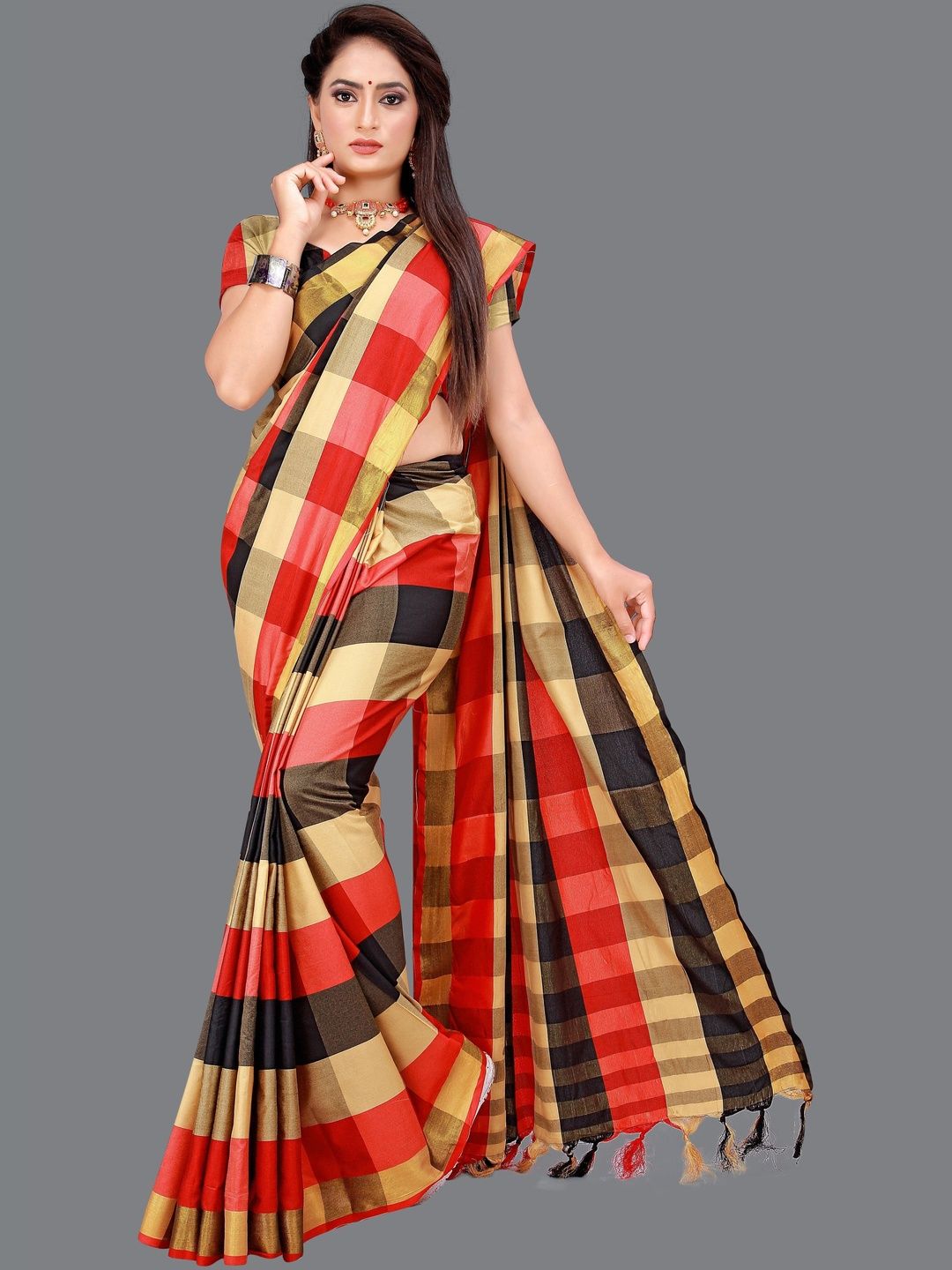 MENFLUENT Checked Silk Cotton Saree-picture-46