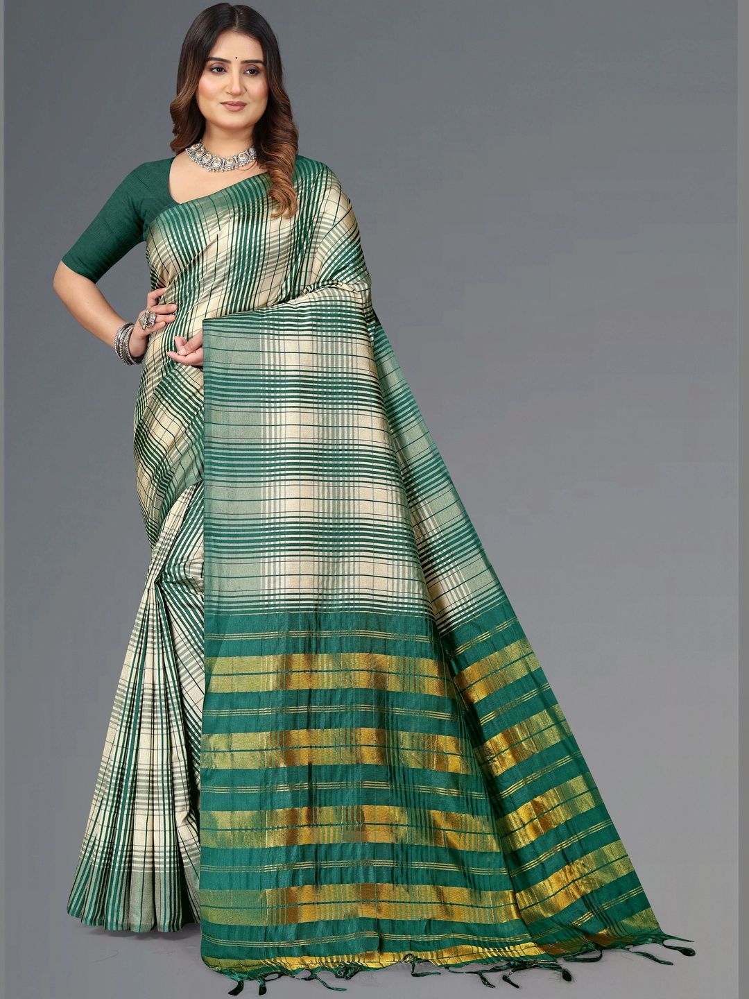 MENFLUENT Checked Silk Cotton Saree-picture-42