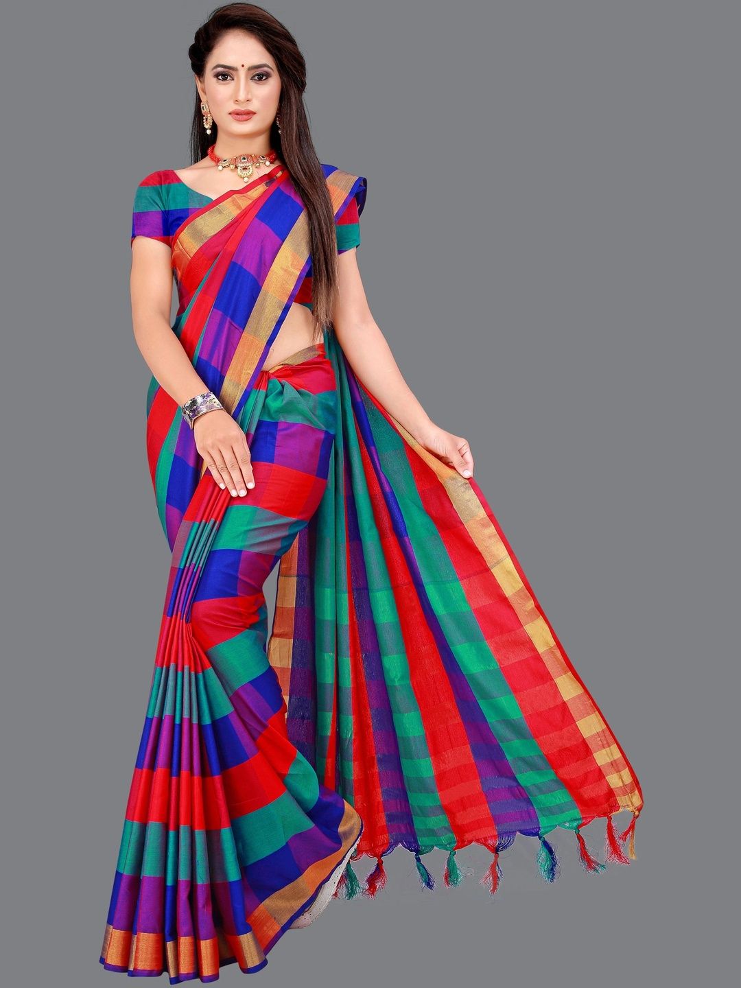 MENFLUENT Checked Silk Cotton Saree-picture-38