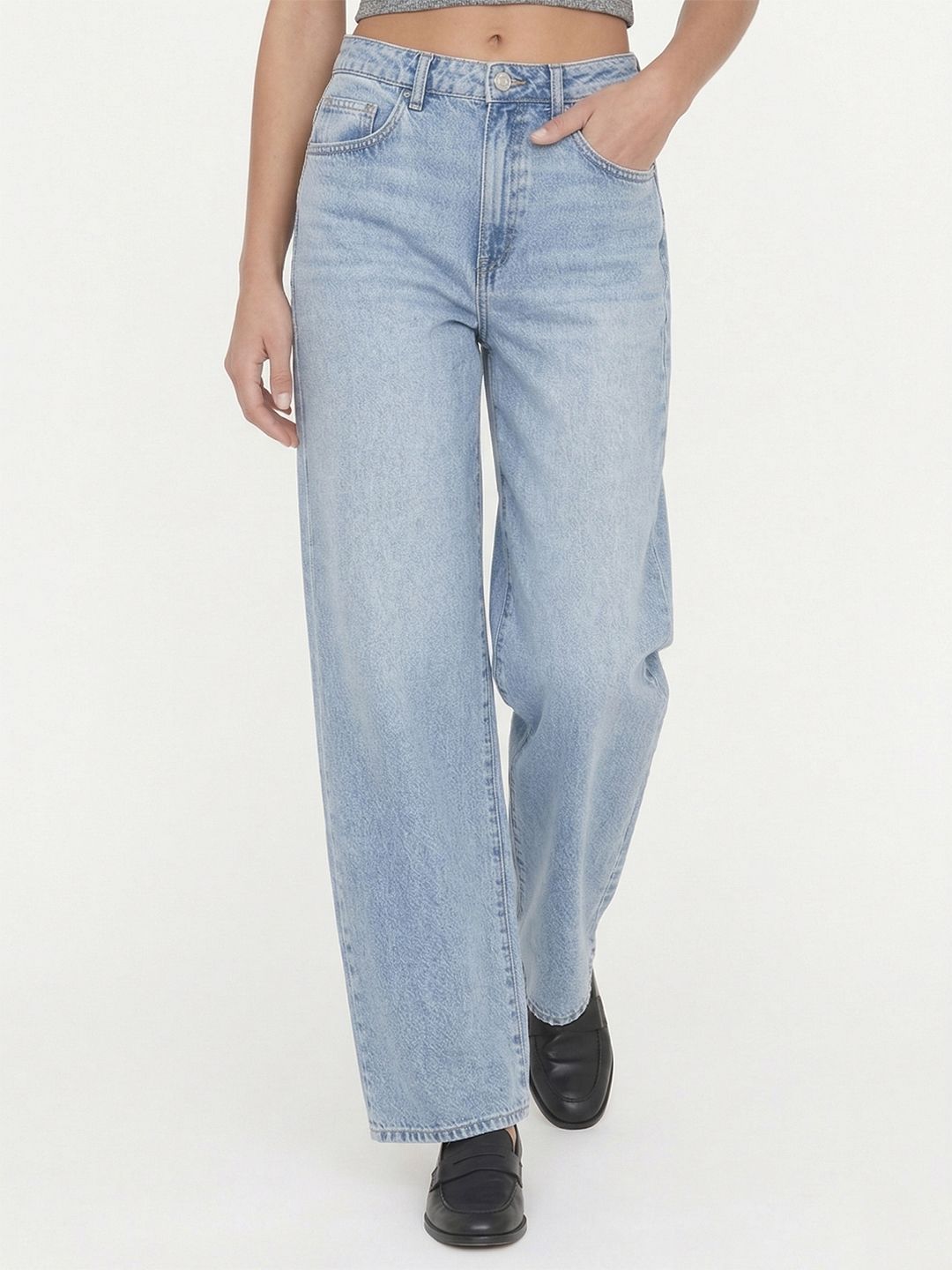 MANGO Women Danila Pure Cotton Wide Leg High-Rise Light Fade Jeans
