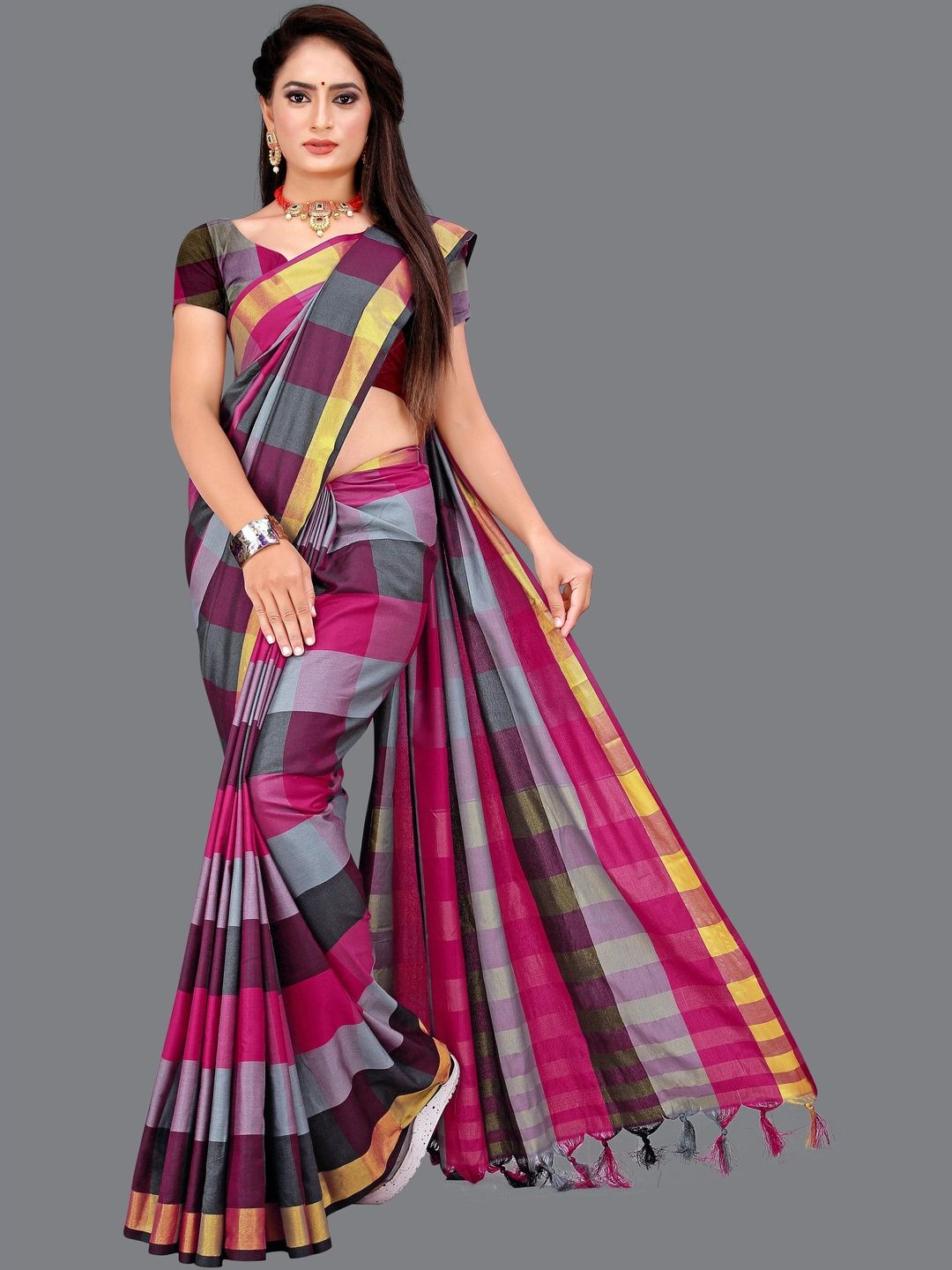 MENFLUENT Checked Silk Cotton Saree-picture-36