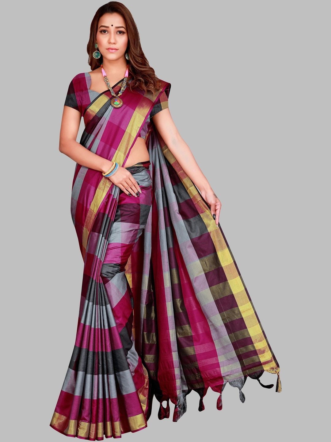 MENFLUENT Checked Silk Cotton Saree-picture-33