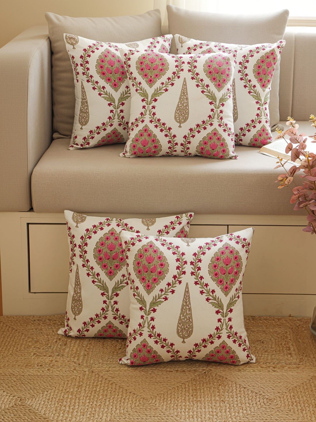 The Home Story Pink Set of 5 Floral Square Cushion Covers-picture-11