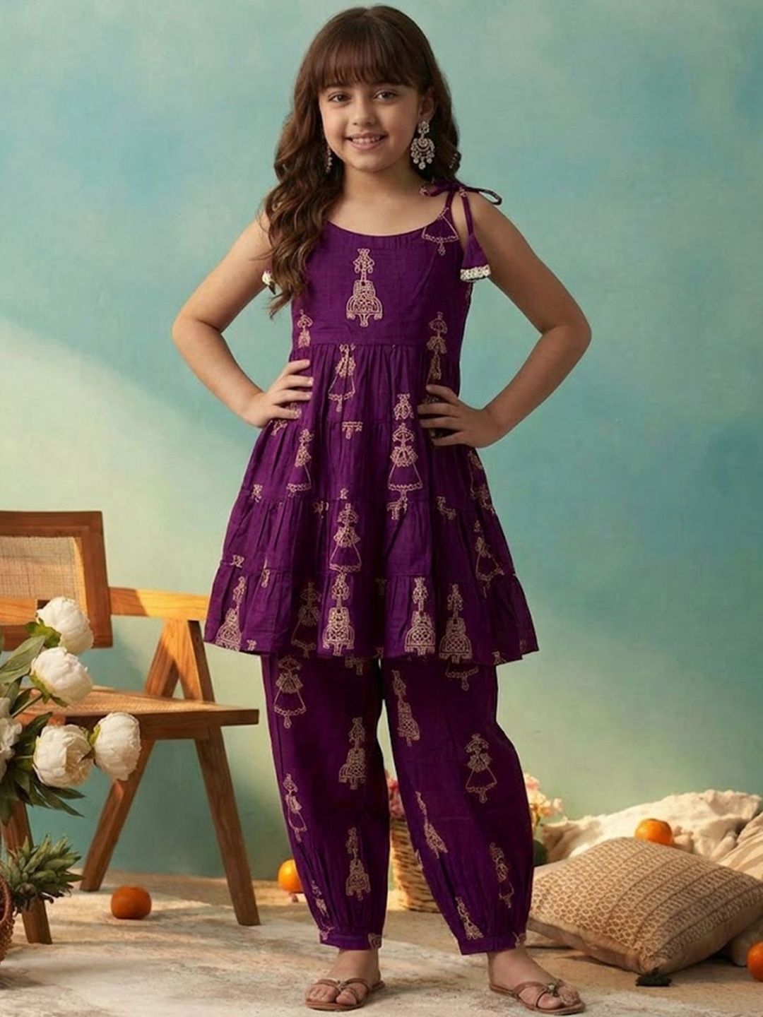 KALINI Girls Ethnic Motifs Printed Panelled Gotta Patti Pure Cotton Kurta with Salwar-picture-21