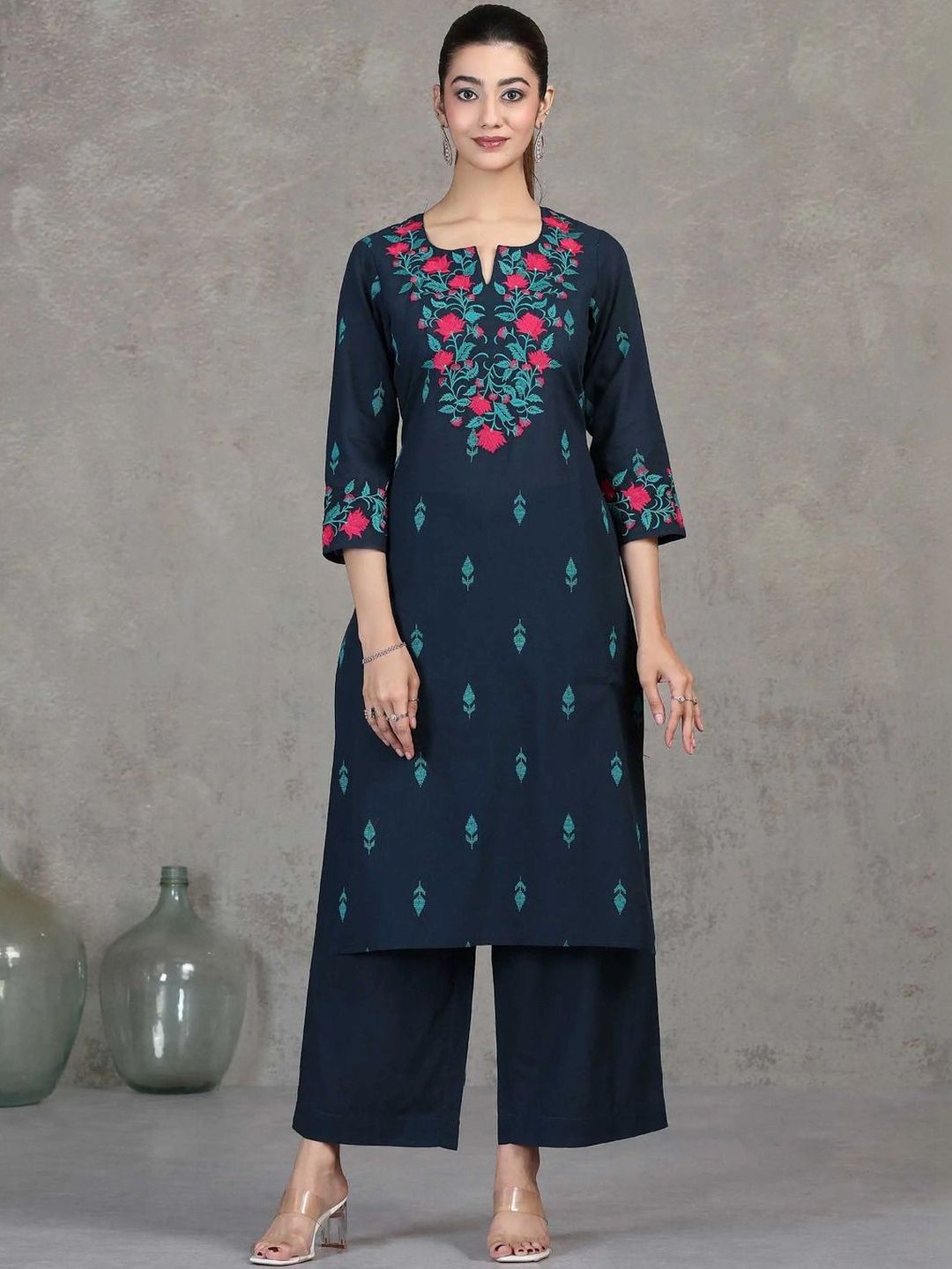 COTTON CULTURE Women Embroidered Regular Pure Cotton Kurta with Trousers-picture-26