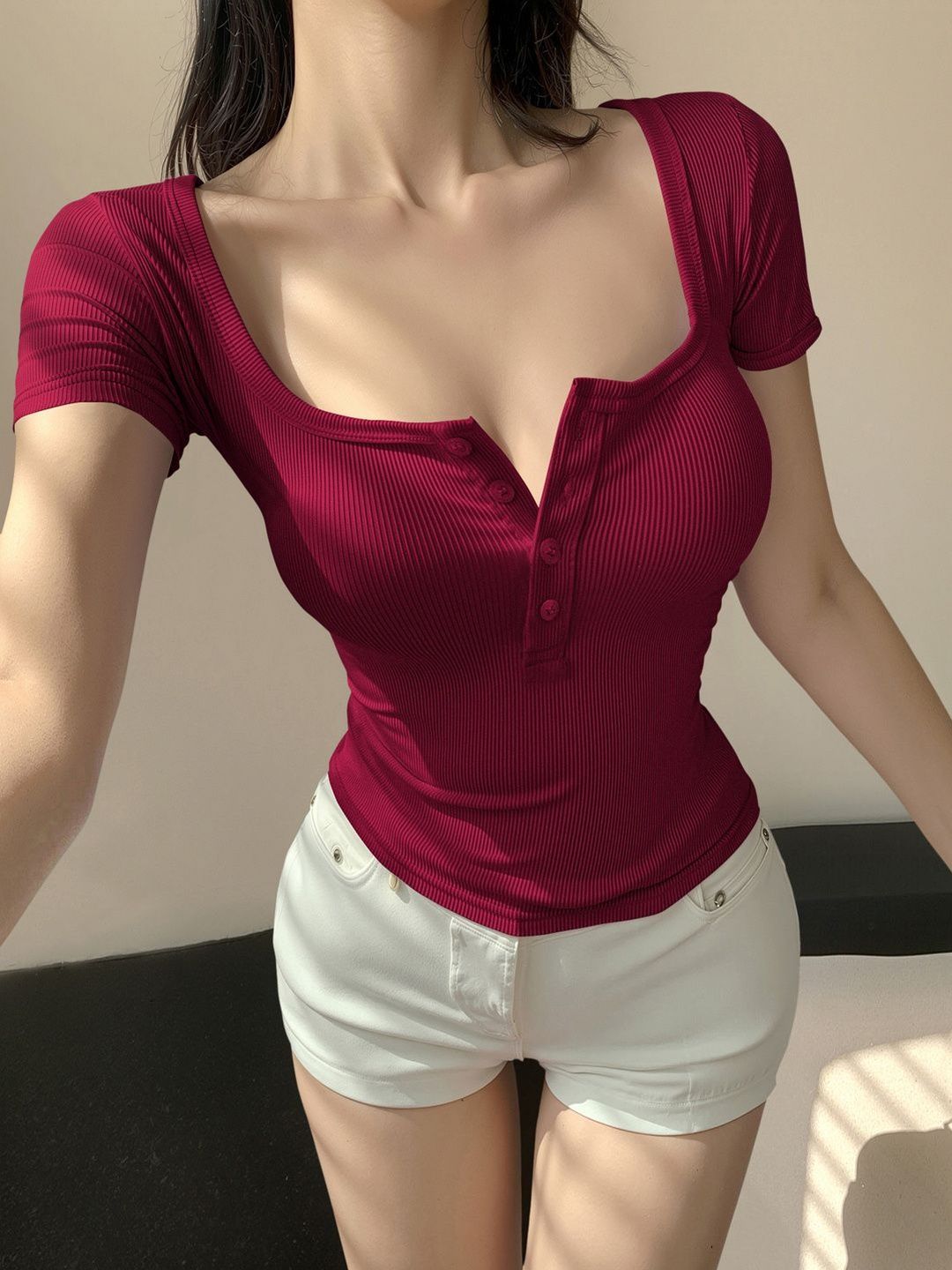 Maheshvi Square Neck Short Sleeves Ribbed Top-picture-24