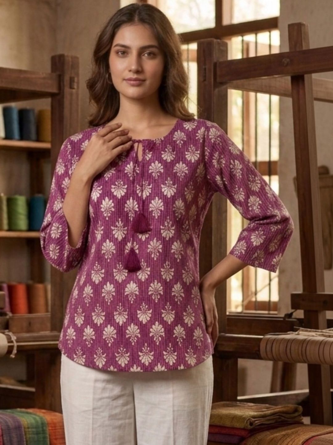 OZIA Print Tie-Up Neck Cotton Blend Top-image-2