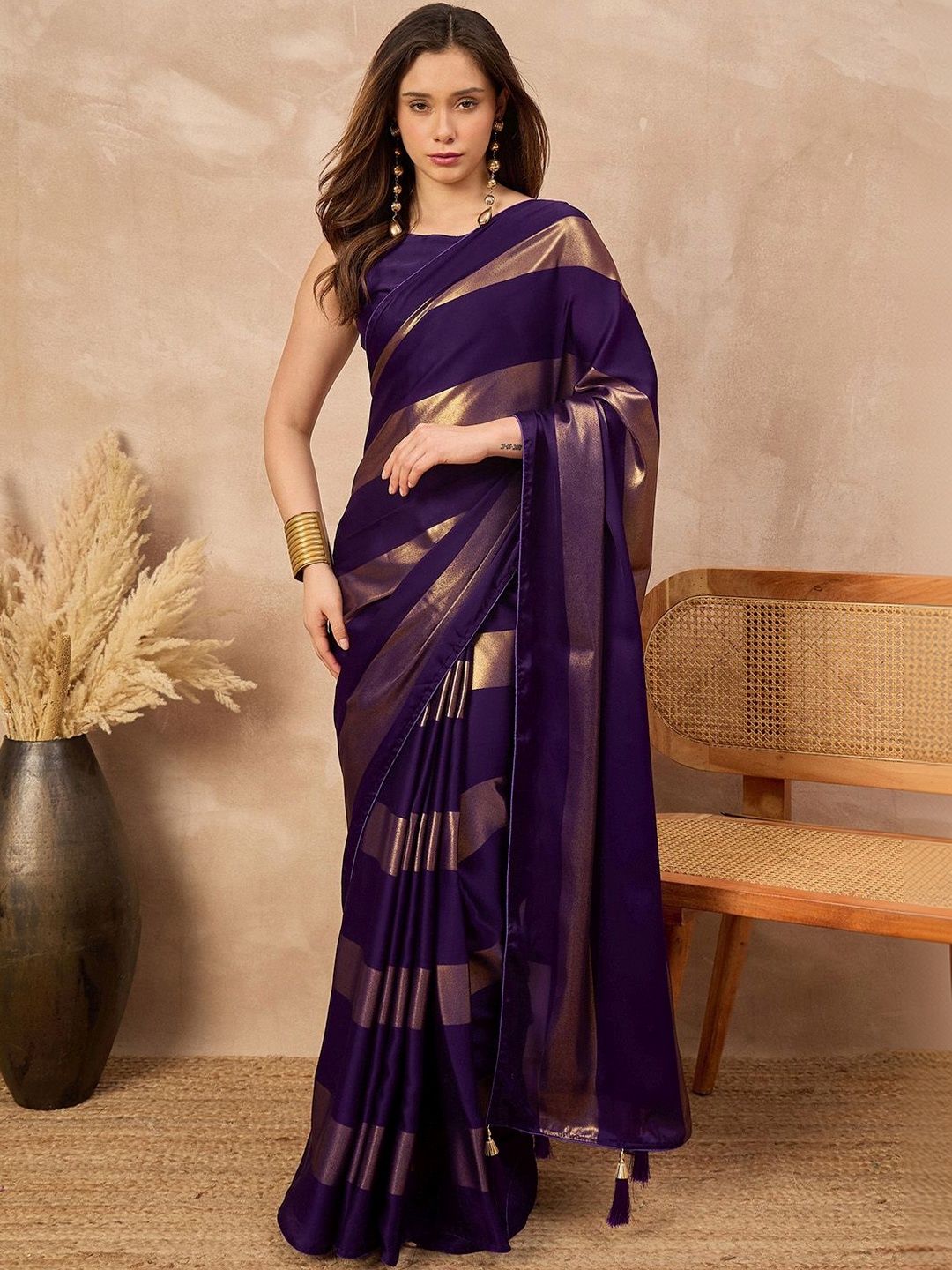 Sangria Purple Satin Ethnic Solid Party Wear Matching Blouse & Sarees-picture-38