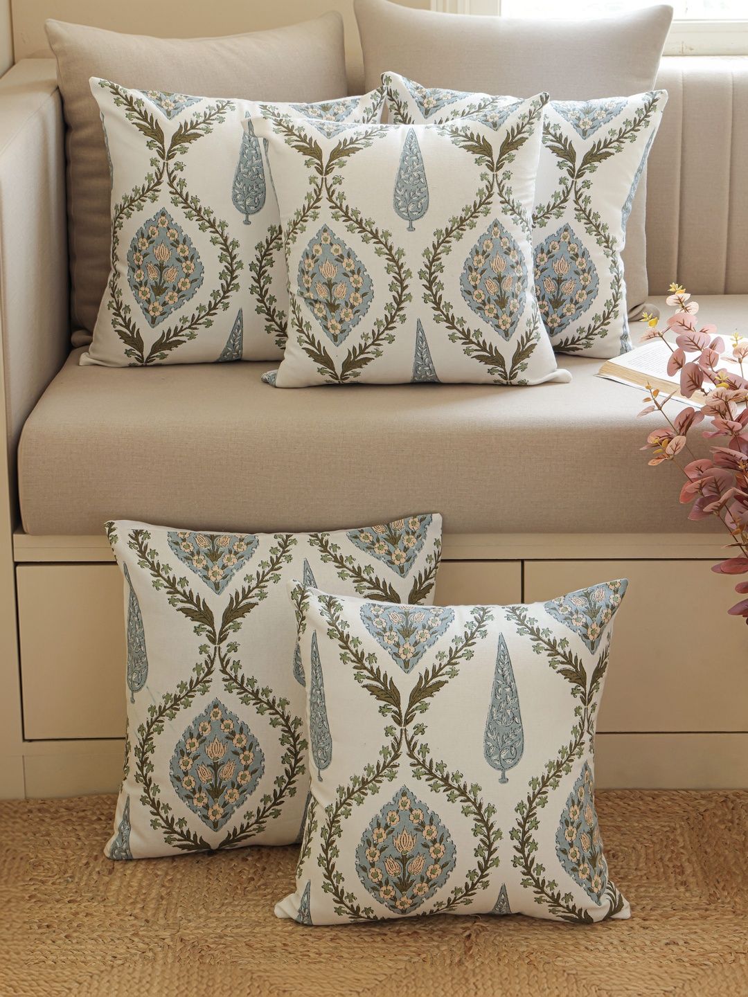 Clasiko Blue Set of 5 Floral Square Cushion Covers-picture-21