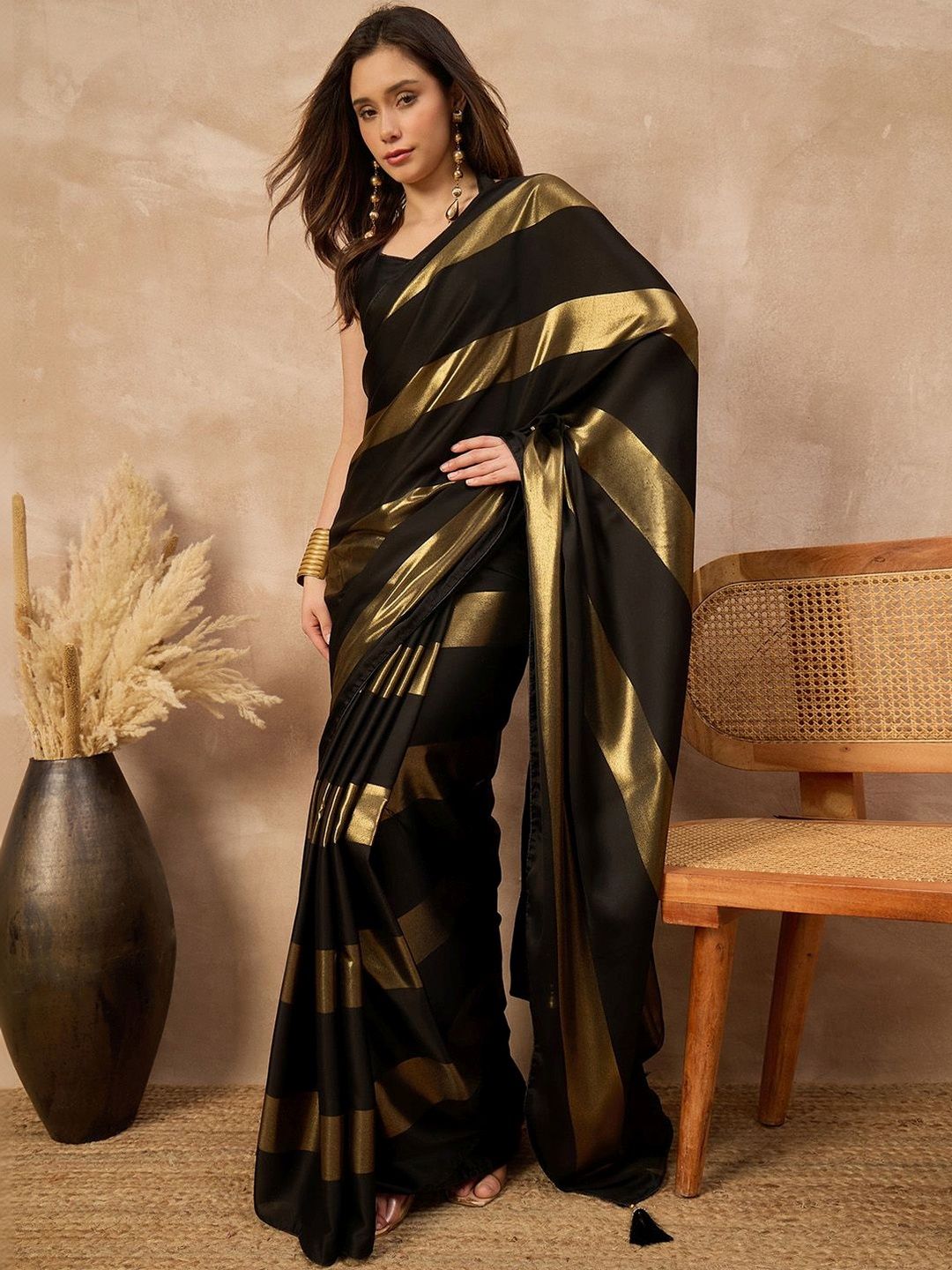 Sangria Black Satin Ethnic Solid Festive Wear Matching Blouse & Sarees-image-48