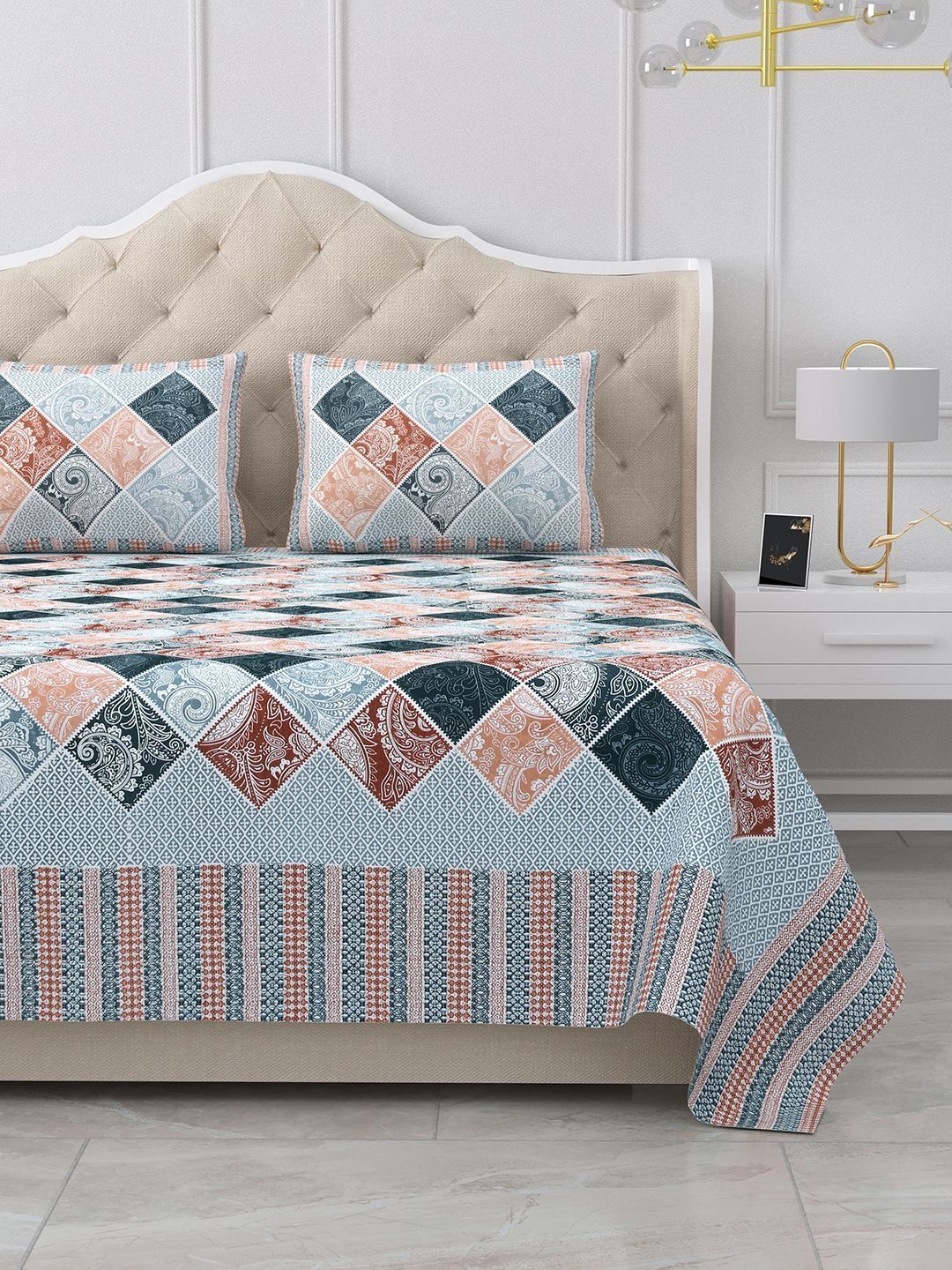 BELLA CASA Teal & Multicoloured Ethnic Motifs 180 TC King Bedsheet with 2 Pillow Covers-image-21