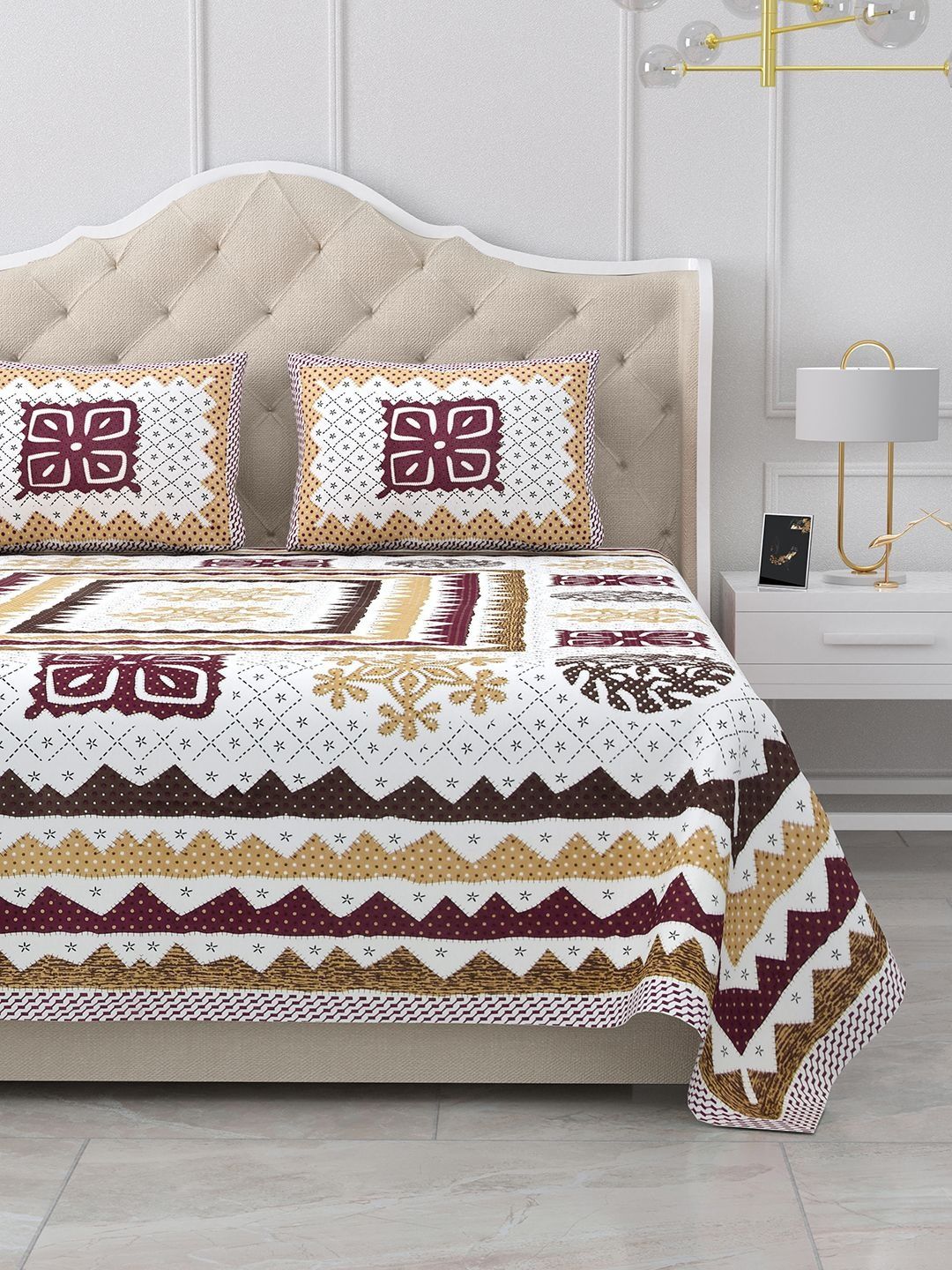 BELLA CASA Yellow & Multicoloured Ethnic Motifs 180 TC King Bedsheet with 2 Pillow Covers-image-30