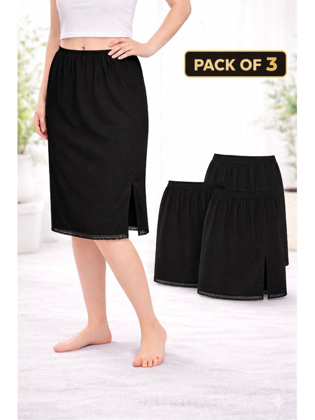 MYBODY Pack Of 3 Cotton Mini Knee Length Under Skirt Shaper-image-42