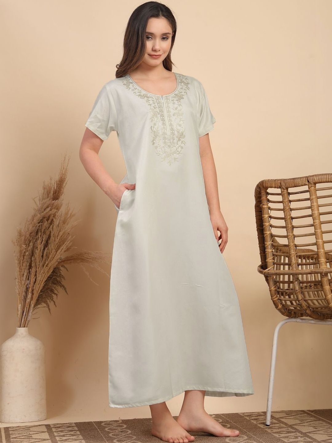 KLOTTHE Solid Soft Feel Round Neck Satin Maxi Nightdress-image-12